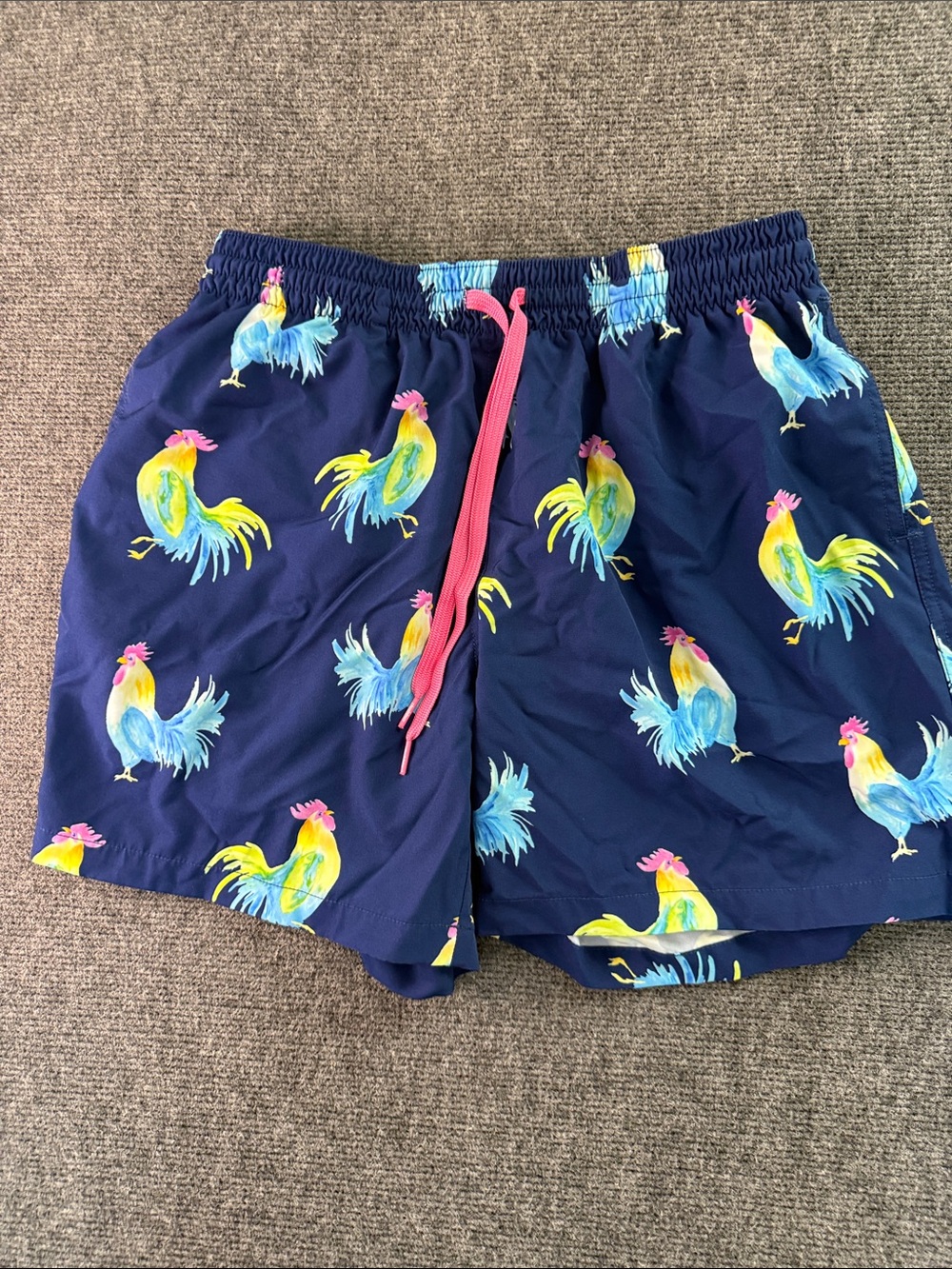 chubbies Navy Rooster Print Swim Shorts with Pink Drawstring